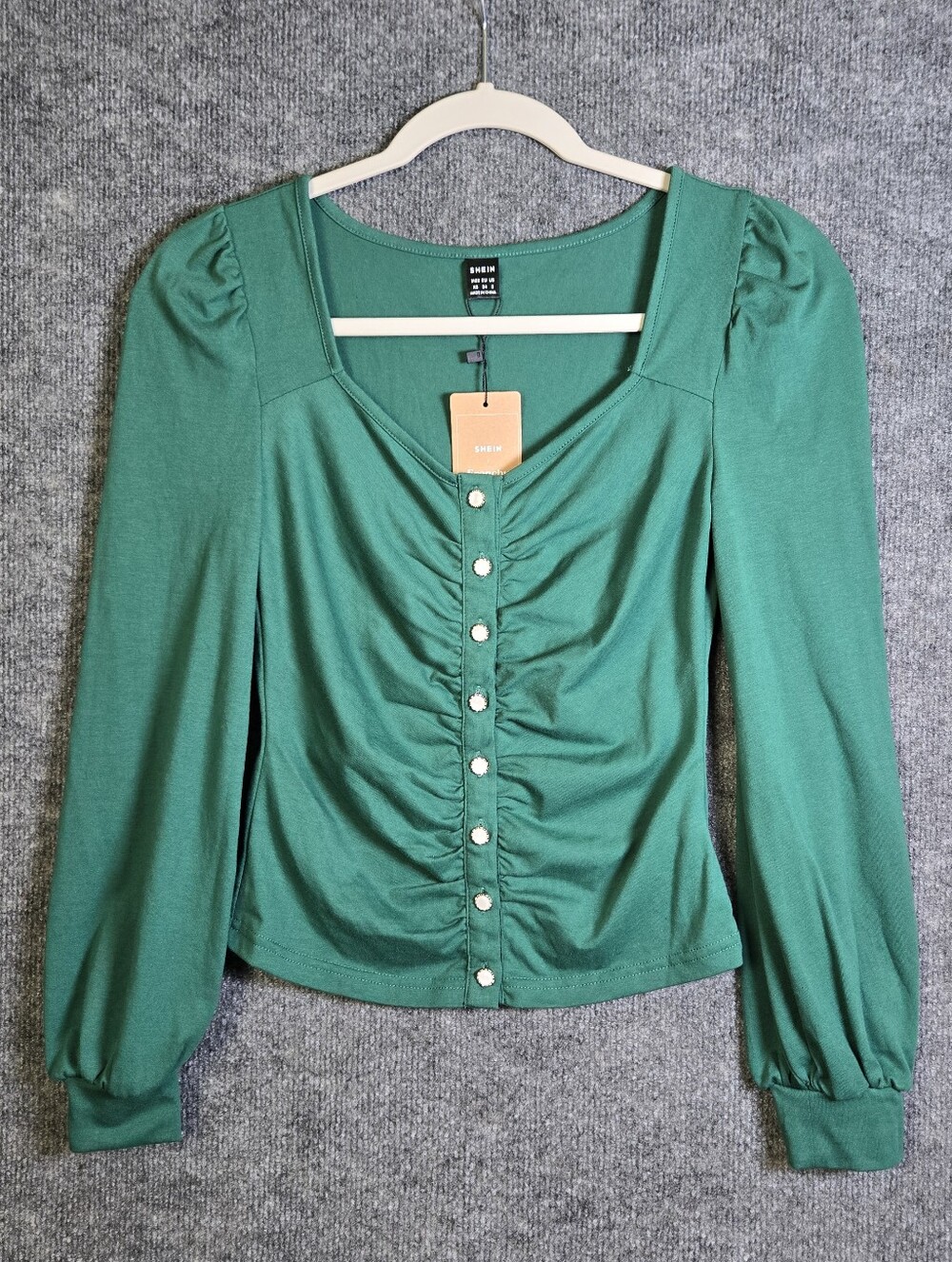 Shein Top Womens XS Forest Green Knit Ruched Pearl Snap Frenchy Renaissance New